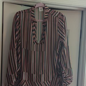 CAbi Elegant Striped Blouse - Black, White, Pink